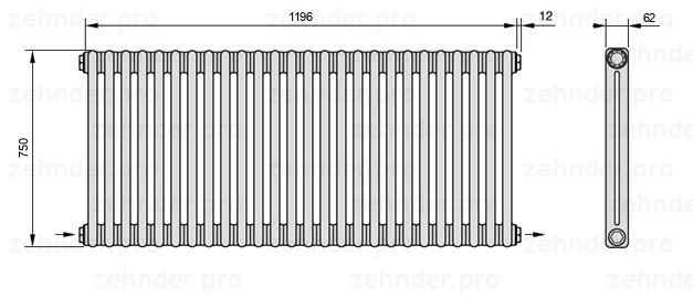 Схема (чертеж) Радиатор Zehnder Charleston 2075/26 №2670 Белый глянцевый RAL 9016